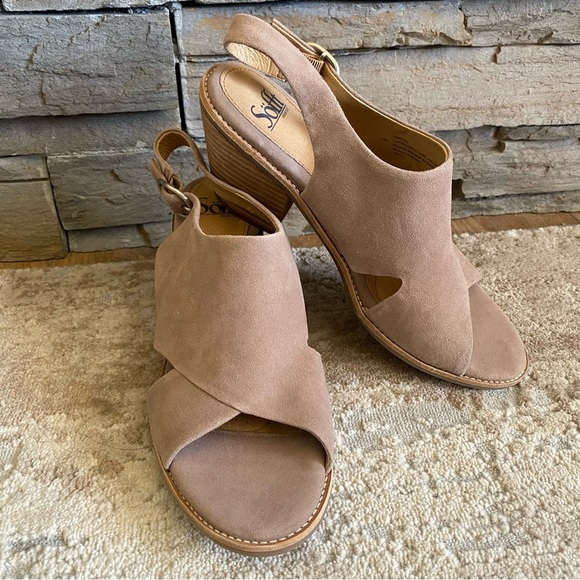 Sofft Mendi Heeled Sandals Tan Brown Suede Leather Open Toe Block Heel: 10M - Picture 1 of 9
